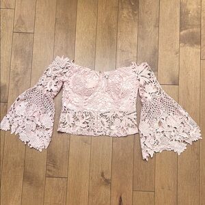Soieblu lace floral cropped top bustier LARGE pink blush wide sleeves zip up